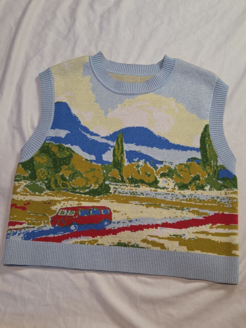 Road Trip Scenic Knit Vest - Light Blue Multi-Color Sz M
